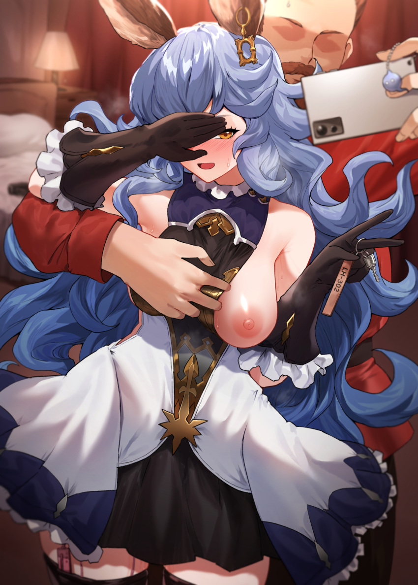 1boy 1girl bare_shoulders beard bed black_panties blue_hair breasts breasts_out brown_gloves brown_hair cellphone clothes_pull condom covering_own_eyes dress earrings erune faceless faceless_male facial_hair ferry_(granblue_fantasy) gloves goatee granblue_fantasy highres indoors jewelry key lamp long_hair medium_breasts mustache netorare one_eye_covered open_mouth panties phone pillow saru_(pixiv13751598) sex_toy skirt sleeveless sleeveless_dress thigh_gap thighhighs thighs underboob underwear vibrator vibrator_under_clothes yellow_eyes