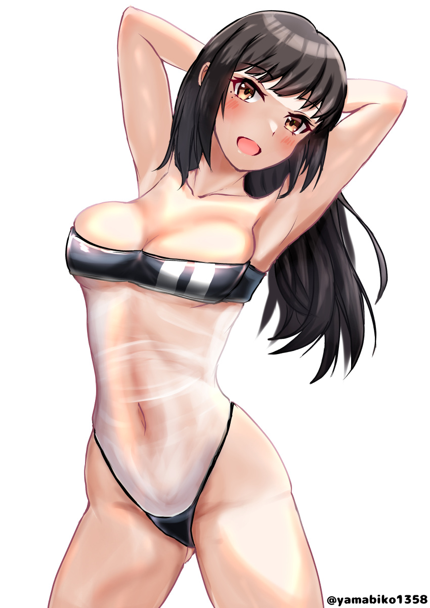 1girl absurdres arms_behind_head breasts covered_navel covered_nipples cowboy_shot double_vertical_stripe gris_swimsuit hayashio_(kancolle) highleg highleg_swimsuit highres kantai_collection large_breasts meme_attire mizuki_(uzuki_no_sato) navel pixiv_username see-through see-through_swimsuit strapless strapless_one-piece_swimsuit swimsuit thighs