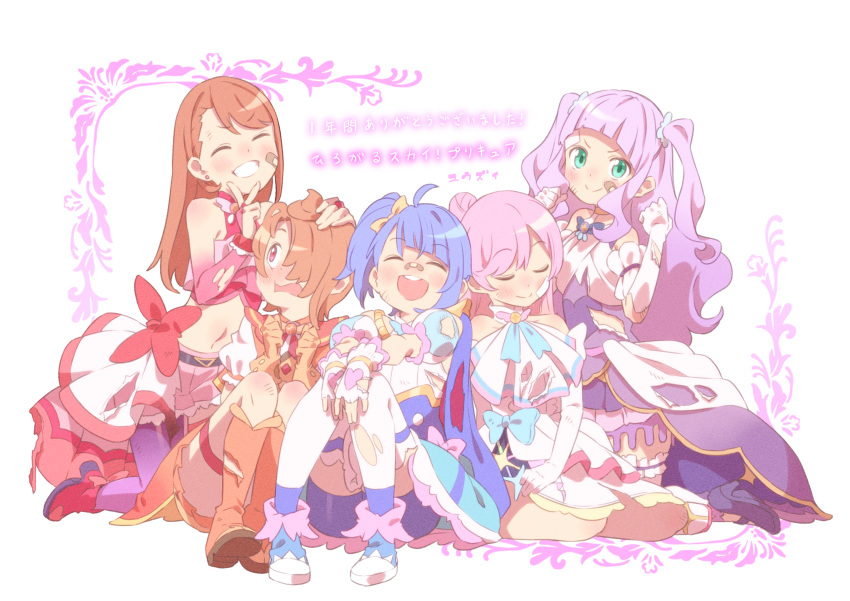 &gt;:) 5girls ^_^ bandaid bandaid_on_face bandaid_on_nose bare_shoulders black_footwear blue_footwear blue_hair blush boots brown_footwear brown_hair character_request closed_eyes closed_mouth commentary_request crop_top cure_butterfly cure_majesty cure_prism cure_sky ellee-chan green_eyes grin hair_bun hair_over_one_eye high_heels highres hijiri_ageha hirogaru_sky!_precure knee_boots kneeling long_hair midriff multiple_girls navel nijigaoka_mashiro pantyhose pink_hair pink_skirt pleated_skirt precure purple_pantyhose red_eyes red_footwear shoes short_hair side_ponytail skirt smile sora_harewataru thighhighs torn_clothes torn_thighhighs translation_request two_side_up v v-shaped_eyebrows very_long_hair white_background white_thighhighs wrist_cuffs yuuzii
