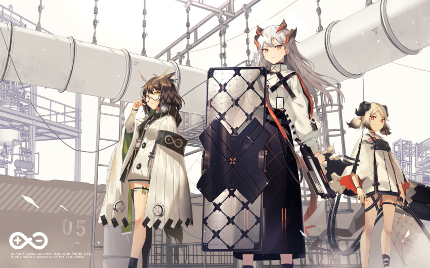 3girls arknights banned_artist black_skirt brown_hair coat curled_horns demon_horns dragon_horns dragon_tail dress flamethrower gradient_hair high-waist_skirt highres holding horns ifrit_(arknights) ikomochi long_hair long_skirt long_sleeves looking_at_viewer low_twintails multicolored_hair multiple_girls orange_eyes pipes puffy_sleeves rhine_lab_logo saria_(arknights) shield short_hair silence_(arknights) silver_hair skirt standing syringe tail twintails weapon white_coat white_dress wide_shot