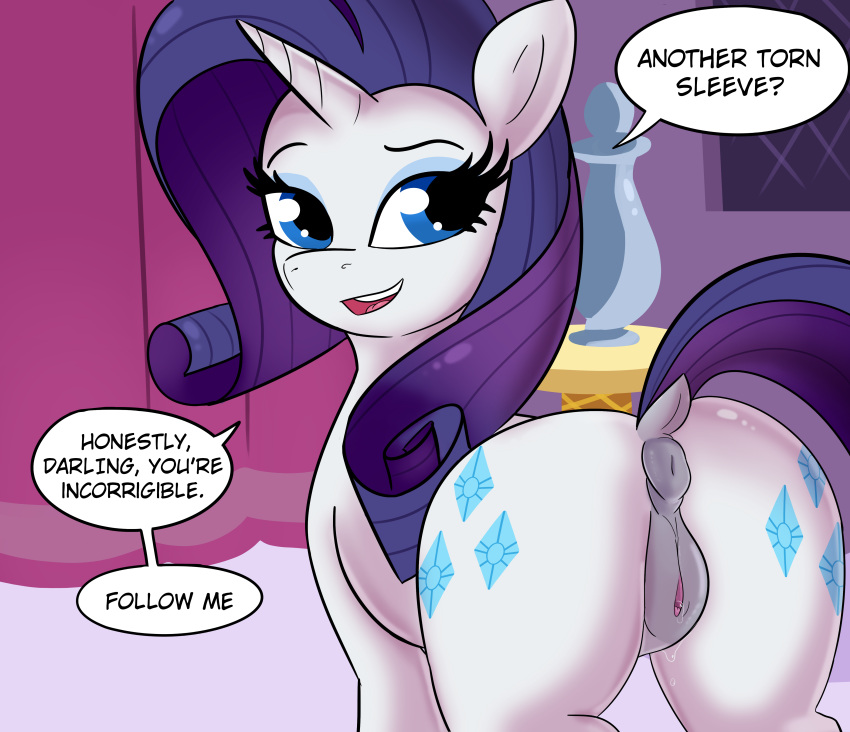 absurd_res anus bodily_fluids butt dialogue equid equine eyelashes female feral friendship_is_magic genital_fluids genitals hair hasbro hi_res horn looking_back mammal my_little_pony pupils pussy rarity_(mlp) solo speech_bubble text thick_thighs tjpones unicorn vaginal_fluids