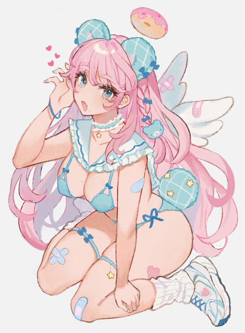 1girl angel_wings animal_ears aqua_bra aqua_choker aqua_eyes aqua_headwear aqua_nails aqua_panties bandaid bandaid_on_arm bandaid_on_knee bandaid_on_leg bandaid_on_wing bear_ears bear_hair_ornament bear_tail blue_bow blue_bracelet bow bow_bra bra breasts claw_pose cleavage collarbone commentary crossed_bandaids curly_hair dot_nose doughnut english_commentary eyelashes fang fingernails food frilled_sailor_collar frills grey_background hair_between_eyes hair_bow hair_ornament halo heart highres jewelry large_breasts leg_warmers legs lingerie long_hair looking_at_viewer miyako_(xxxbibit) mole mole_on_breast mole_under_mouth nail_polish necklace open_mouth original panties pink_doughnut pink_hair plaid_headwear ribbed_socks sailor_collar shoes side-tie_panties simple_background sitting skin_fang smile sneakers socks solo star_(symbol) star_necklace star_ornament tail teddy_bear_hair_ornament thigh_strap thighs underwear wariza white_footwear white_sailor_collar white_socks white_wings wings