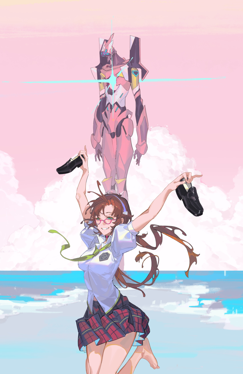 1girl absurdres bare_legs barefoot beach black_footwear breasts brown_hair check_copyright checkered_clothes checkered_skirt chinese_commentary cloud collared_shirt commentary copyright_request evangelion_(mecha) glasses green_eyes green_necktie hairband highres holding holding_shoes hole_on_body jumping knees_out_of_frame loafers low_twintails makinami_mari_illustrious mecha_request medium_breasts midair necktie neon_genesis_evangelion ocean pink-framed_eyewear pink_sky pink_theme pleated_skirt puffy_short_sleeves puffy_sleeves purple_hairband shirt shoes short_sleeves skirt sky smile solo_focus twintails uniform unworn_shoes waves white_shirt xe367