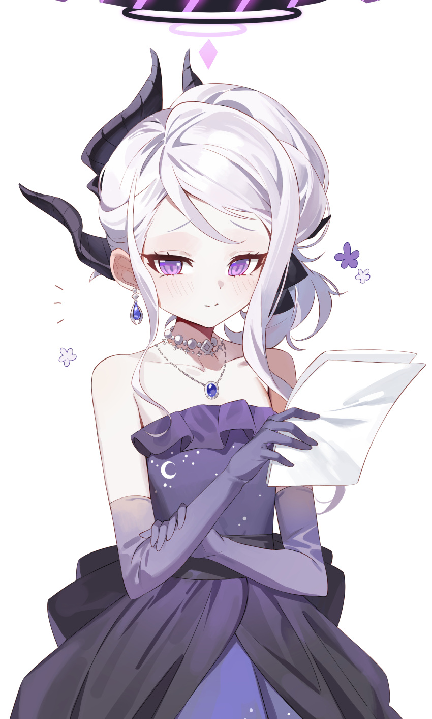1girl absurdres black_horns blue_archive blush closed_mouth collarbone demon_horns dress elbow_gloves gloves halo highres hina_(blue_archive) hina_(dress)_(blue_archive) holding holding_paper horns jewelry long_hair looking_at_viewer multiple_horns necklace paper pendant purple_dress purple_eyes purple_gloves seizou_hidzuke simple_background solo strapless strapless_dress white_background white_hair