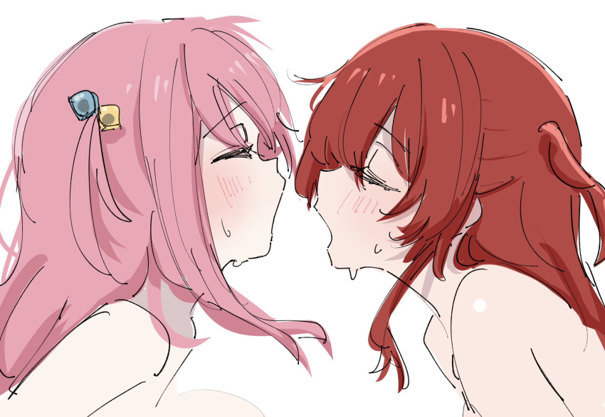 2girls blush bocchi_the_rock! closed_eyes commentary_request cube_hair_ornament from_side gotoh_hitori hair_ornament highres implied_sex kita_ikuyo long_hair multiple_girls nude one_side_up open_mouth pink_hair profile red_hair simple_background sketch sweat ukitaryu upper_body white_background