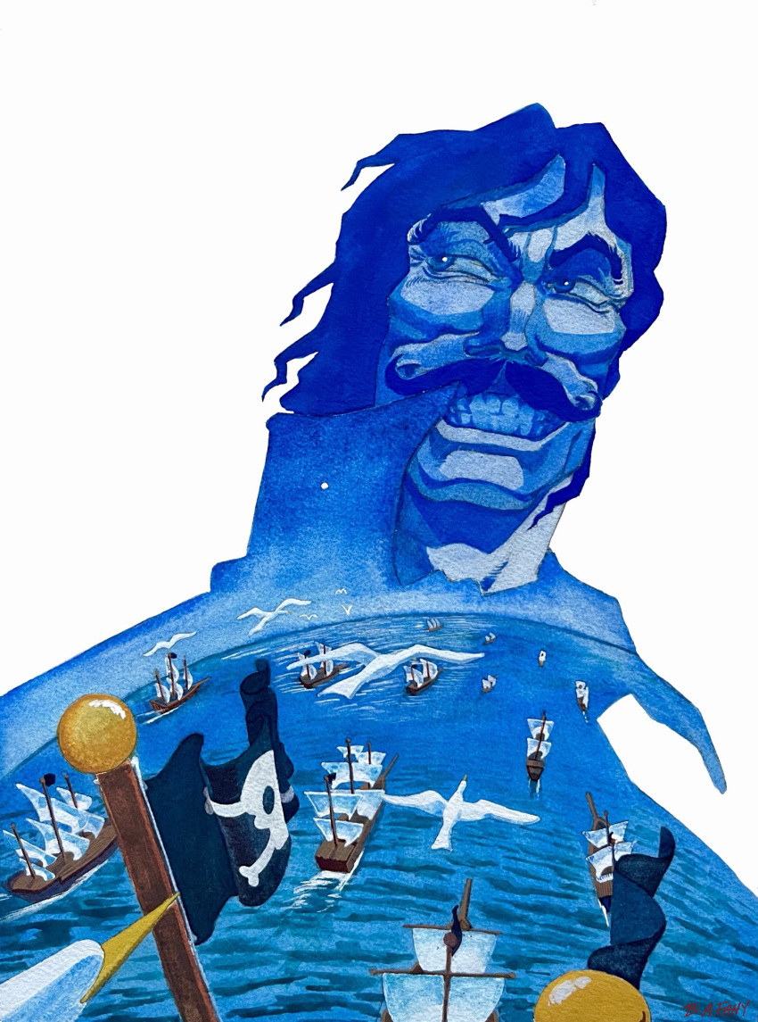 1boy b_a_fay bird english_commentary facial_hair flag gol_d._roger high_collar highres jolly_roger looking_to_the_side mast mustache ocean one_piece seagull ship short_hair simple_background smile teeth upper_body watercraft white_background
