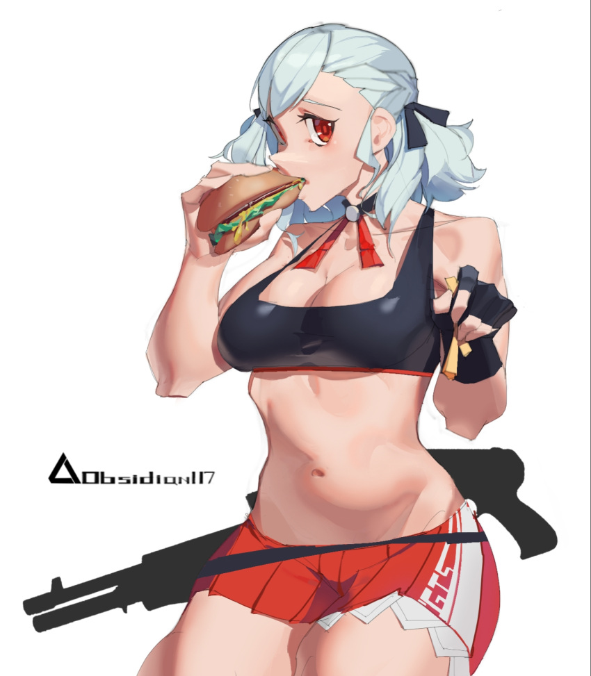 1girl artist_name belly black_ribbon breasts burger choker cleavage eating fingerless_gloves food french_fries girls'_frontline gloves grey_hair gun hair_ribbon highres looking_at_viewer navel pleated_skirt pump_action red_eyes red_skirt ribbon rosetta(obsidian117) short_hair shotgun single_glove skirt solo spas-12 spas-12_(girls'_frontline) tank_top weapon white_background