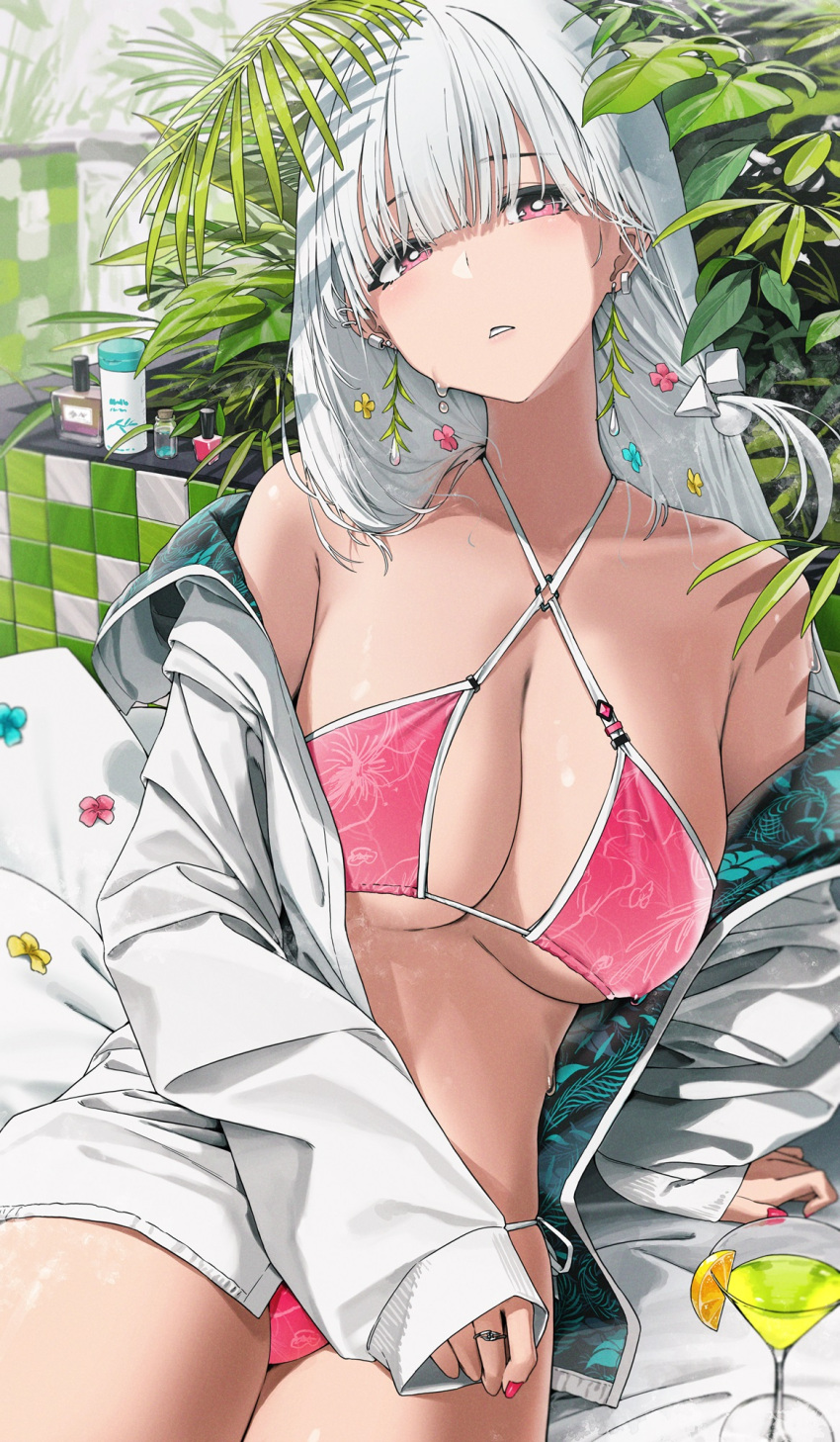 1girl bare_shoulders bikini blunt_bangs breasts bright_pupils cleavage commentary cup drinking_glass ear_piercing earrings english_commentary fingernails floral_print_bikini halterneck highres jacket jewelry large_breasts long_hair long_sleeves looking_at_viewer manicure midriff nail_polish noeru off_shoulder open_clothes open_jacket open_mouth original piercing pink_bikini pink_eyes pink_nails plant puffy_long_sleeves puffy_sleeves ring sleeves_past_wrists solo swimsuit white_hair white_jacket white_pupils