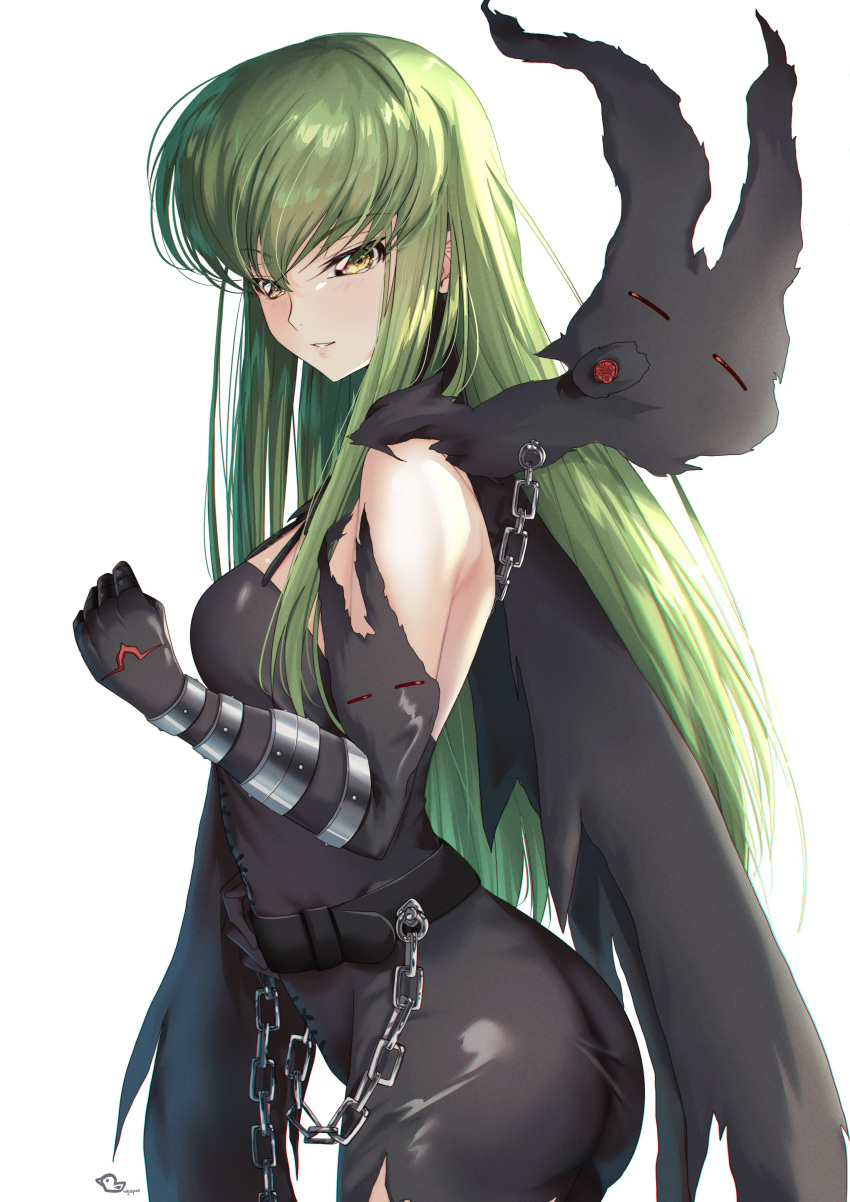 1girl absurdres ass backlighting bare_shoulders belt black_belt black_cloak black_dress black_gloves breasts budgiepon c.c. chain clenched_hand cloak code_geass commentary_request cosplay cowboy_shot curvy digimon dress elbow_gloves from_side geass gloves green_hair hair_between_eyes highres ladydevimon ladydevimon_(cosplay) light_blush lips long_hair looking_at_viewer medium_breasts parted_lips sidelocks simple_background skin_tight smile solo straight_hair strapless strapless_dress very_long_hair white_background yellow_eyes