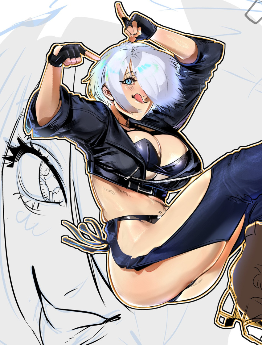 angel_(kof) boots breasts cowboy_boots crop_top cropped_jacket fingerless_gloves gloves hair_over_one_eye highres horns_pose jacket large_breasts leather leather_jacket redgray21st the_king_of_fighters the_king_of_fighters_xiv white_hair