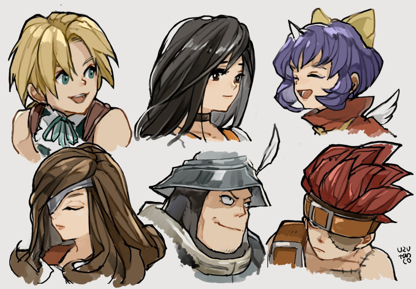 3boys 3girls adelbert_steiner armor beatrix_(ff9) belt black_hair blank_(ff9) blonde_hair blue_eyes bow brown_eyes brown_hair burmecian choker closed_eyes commentary_request eiko_carol eyepatch facial_hair final_fantasy final_fantasy_ix garnet_til_alexandros_xvii hair_bow hat_feather helmet highres horns lipgloss long_hair low_ponytail multiple_boys multiple_girls open_mouth portrait purple_hair red_hair short_hair single_horn smile spiked_hair stubble uzutanco vest yellow_bow zidane_tribal