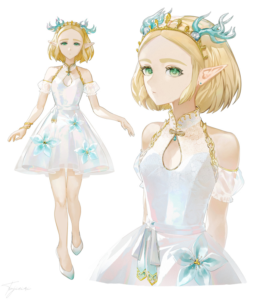 1girl absurdres alternate_costume bare_legs blonde_hair bracelet closed_mouth clothing_cutout collared_dress commentary_request detached_sleeves dragon_horns dress dress_flower earrings green_eyes highres horns jewelry light_dragon_(zelda) multiple_views parted_bangs pointy_ears princess_zelda short_dress short_hair signature sleeveless sleeveless_dress stud_earrings the_legend_of_zelda the_legend_of_zelda:_tears_of_the_kingdom tiara tsujieiri white_background white_dress white_footwear white_sleeves