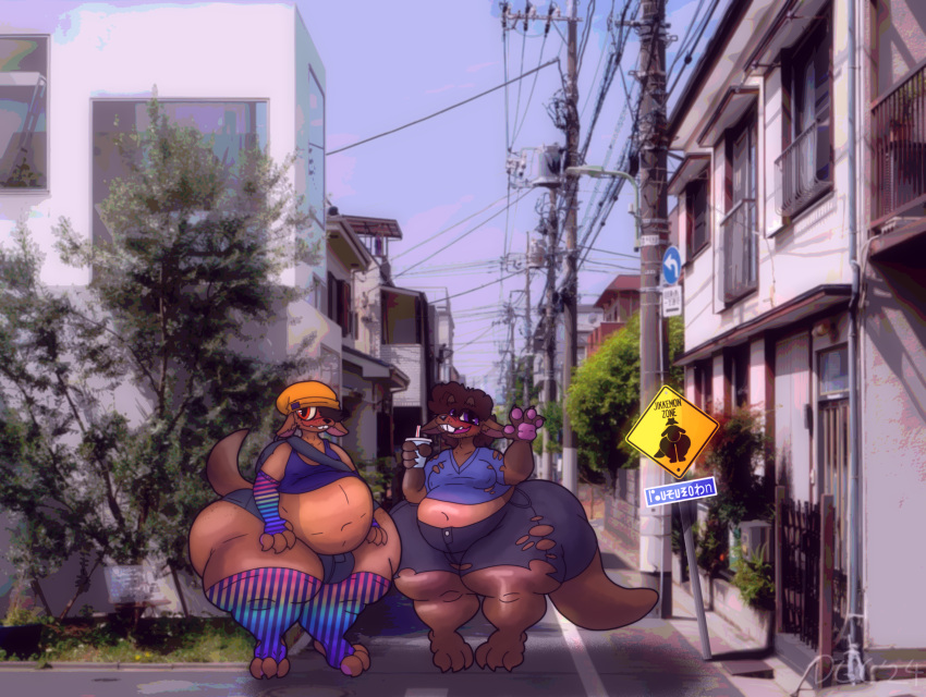 anthro backpack belly_overhang big_butt bloom butt clothed clothing constructed_language container cup detailed_background digital_drawing_(artwork) digital_media_(artwork) dominogooper fictional_language gesture girly hi_res huge_butt hyper hyper_butt jikkemon looking_at_viewer male male/male malle multicolored_clothing obese ollie_(dominogooper) osco_(dominogooper) outside overweight pawpads public rainbow_clothing skimpy smile smiling_at_viewer solo straw street street_sign waving waving_at_viewer wide_hips