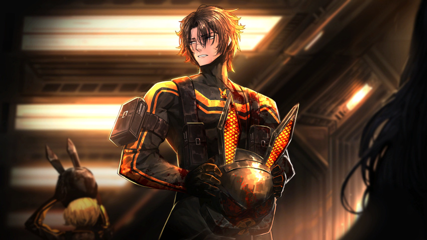 1boy 2others animal_ears arm_pouch black_bodysuit black_gloves blonde_hair blood blood_on_clothes bodysuit brown_hair ceiling_light dark-skinned_male dark_skin game_cg gas_mask gloves heathcliff_(project_moon) helmet highres limbus_company mask multiple_others nai_ga official_art pouch project_moon purple_eyes rabbit_ears scar scar_on_face short_hair solo_focus sweat sweatdrop
