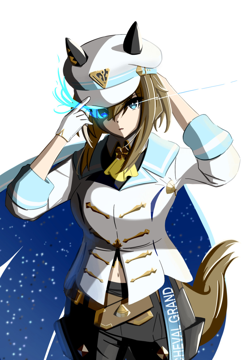 1girl adjusting_clothes animal_ears ascot black_shorts blue_cape blue_eyes breasts brown_hair cape character_name cheval_grand_(umamusume) commentary_request cowboy_shot disfiro03 gloves hair_between_eyes hat highres horse_ears horse_girl horse_tail jacket long_sleeves looking_at_viewer medium_breasts midriff_peek multicolored_hair navel peaked_cap shorts simple_background single_glove solo streaked_hair tail umamusume white_background white_gloves white_hair white_headwear white_jacket yellow_ascot