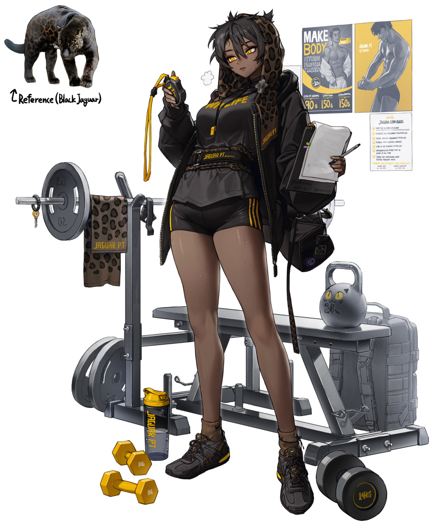 1girl absurdres backpack bag barbell belt bench black_hair bottle breasts clipboard clothes_writing dark-skinned_female dark_skin dumbbell english_commentary english_text gym_equipment hair_between_eyes highres holding holding_clipboard holding_pen holding_stopwatch jacket jaguar jaguar_print key list original pen personification poster_(object) reference_inset rinotuna shoes short_hair shorts slit_pupils sneakers solo sportswear steaming_body stopwatch towel towel_on_head water_blue_new_world weights white_background yellow_eyes