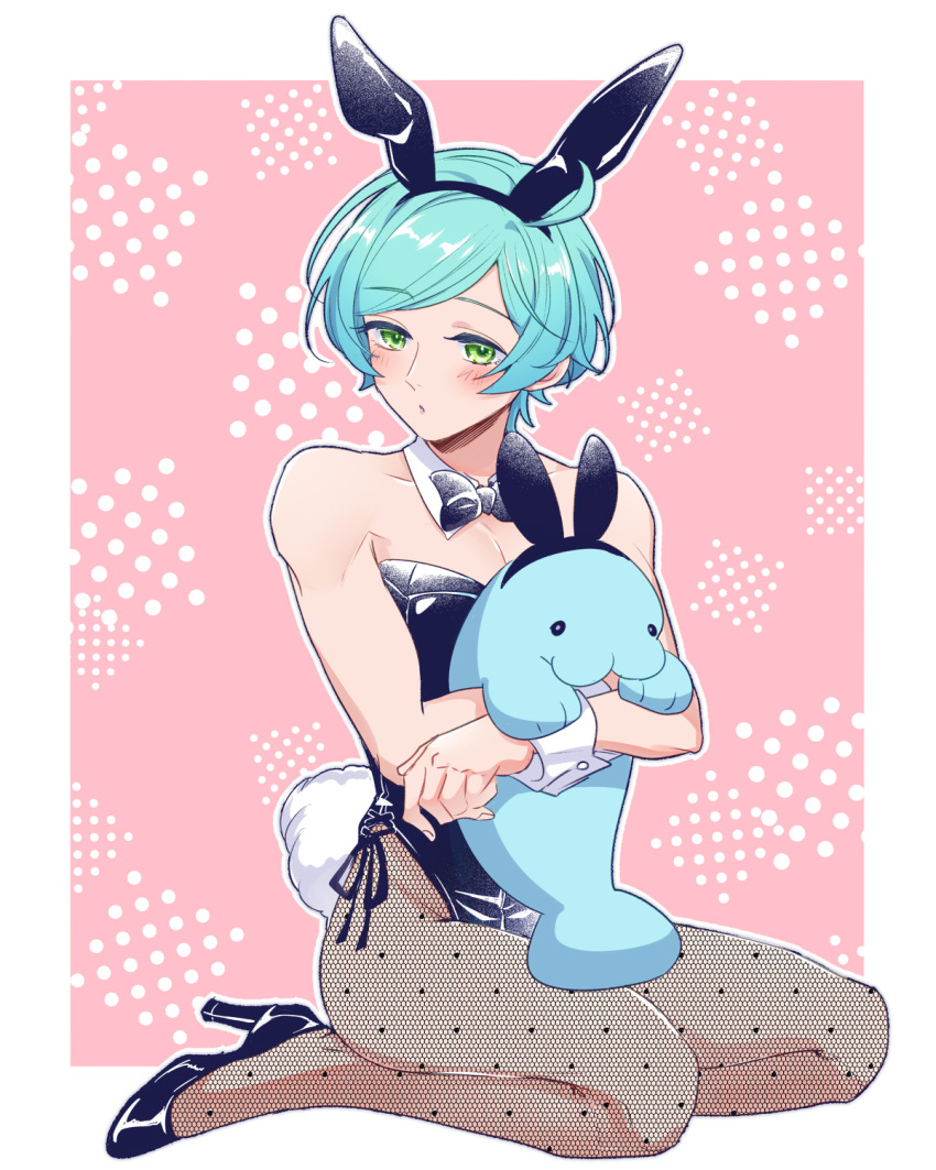 1boy animal_ears apron aqua_hair black_footwear black_leotard blush ensemble_stars! fake_animal_ears fake_tail green_eyes high_heels highres leotard looking_at_viewer male_focus male_playboy_bunny mar7 multicolored_background pink_background rabbit_ear_hairband rabbit_ears rabbit_tail seal_(animal) shinkai_kanata short_hair simple_background sitting solo tail white_apron white_background