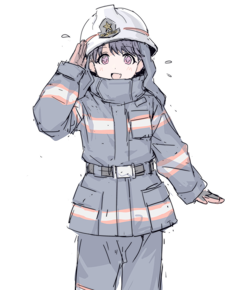 1girl absurdres belt black_hair black_jacket devil_lo fang firefighter fukumaru_koito gloves helmet highres idolmaster idolmaster_shiny_colors jacket looking_at_viewer open_mouth pants purple_eyes salute skin_fang solo standing swept_bangs white_background