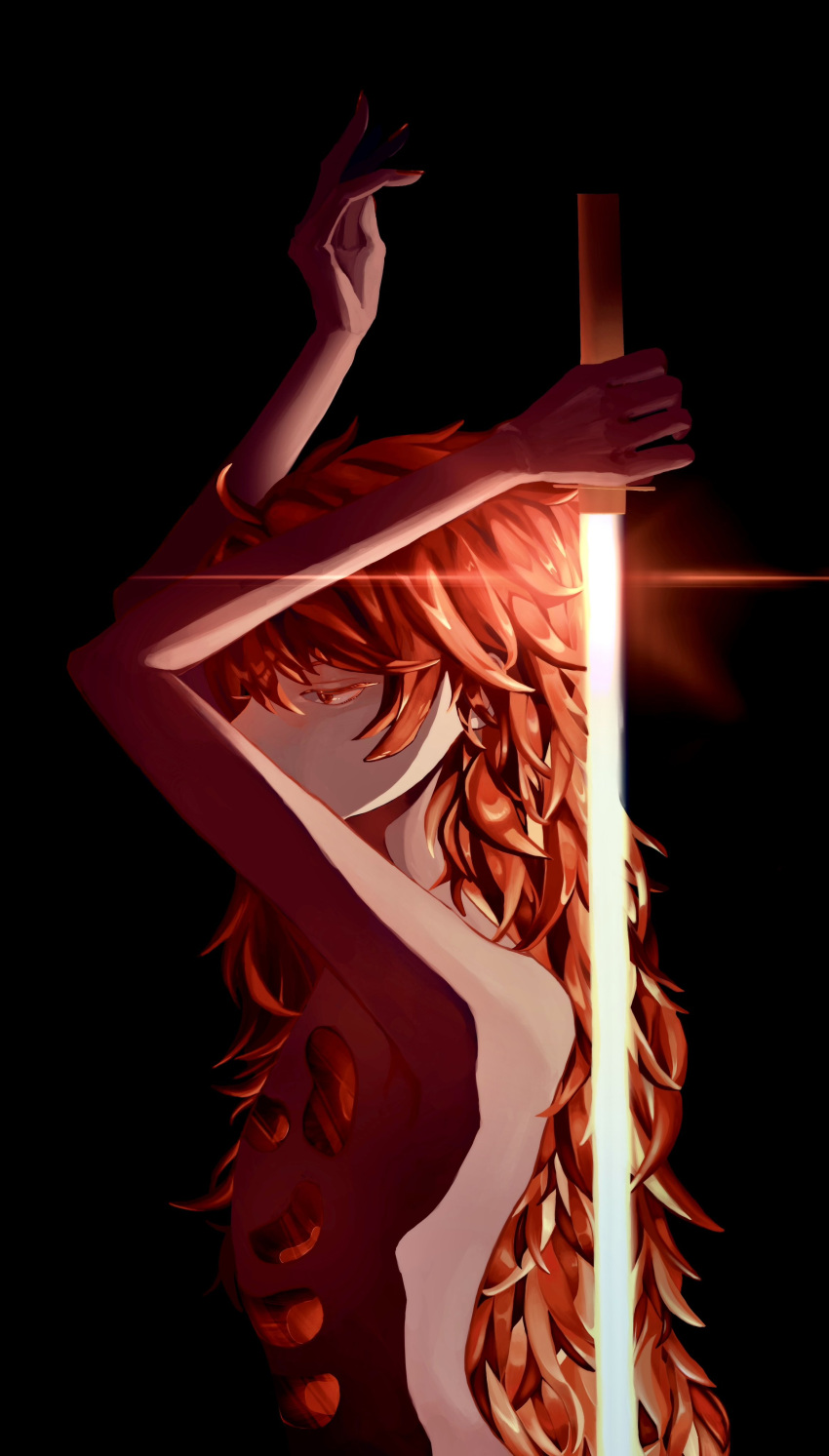 1other absurdres arms_up black_background commentary gem highres holding holding_sword holding_weapon houseki_no_kuni long_hair looking_ahead nude padparadscha_(houseki_no_kuni) red_eyes red_gemstone red_hair red_nails red_theme sheath simple_background solo sword tri_angle7 unsheathing upper_body weapon