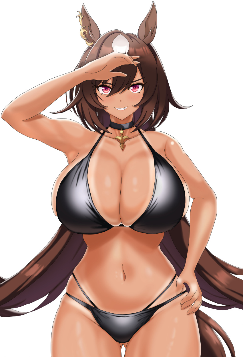 1girl absurdres alternate_costume animal_ears arm_up armpits beach bikini black_bikini black_choker breasts brown_hair choker cleavage commentary_request cowboy_shot ear_ornament hand_on_own_hip highres horse_ears horse_girl horse_tail jewelry large_breasts looking_at_viewer multicolored_hair navel necklace ocean outdoors red_eyes simple_background sirius_symboli_(umamusume) solo streaked_hair swimsuit tail tan tessa_1178 umamusume water white_background white_hair
