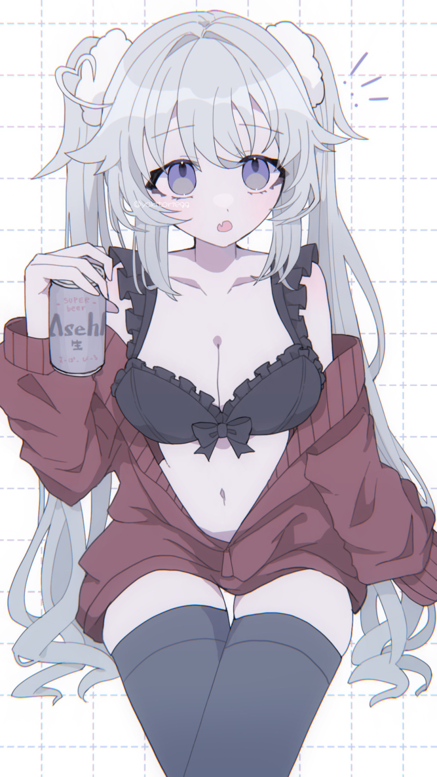 1girl ahoge beer_can bikini bikini_top_only blush breasts can cardigan cleavage drink_can fang frilled_bikini_top grey_hair grid_background hair_ornament heart heart_ahoge highres holding holding_can large_breasts long_hair long_sleeves looking_to_the_side navel open_mouth original purple_eyes solo swimsuit thigh_gap thighhighs twintails very_long_hair yakitori_egg