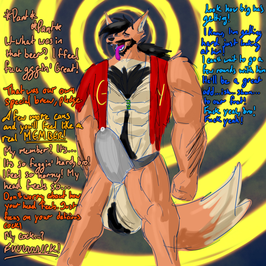 ahegao balls beard beard_growth big_balls bodily_fluids body_hair body_hair_growth canid canine clothing dhole dialogue facial_hair forestpunktiger genital_fluids genitals growth hair hi_res himbofication hypnosis intelligence_loss jock jockstrap looking_pleasured lycoriswolfdragon male male/male mammal mind_control muscle_growth oleander_(lycoriswolfdragon) pallav_the_tiger ponytail precum precum_through_clothing sketch solo tongue tongue_out torn_clothing transformation underwear wet wet_clothing