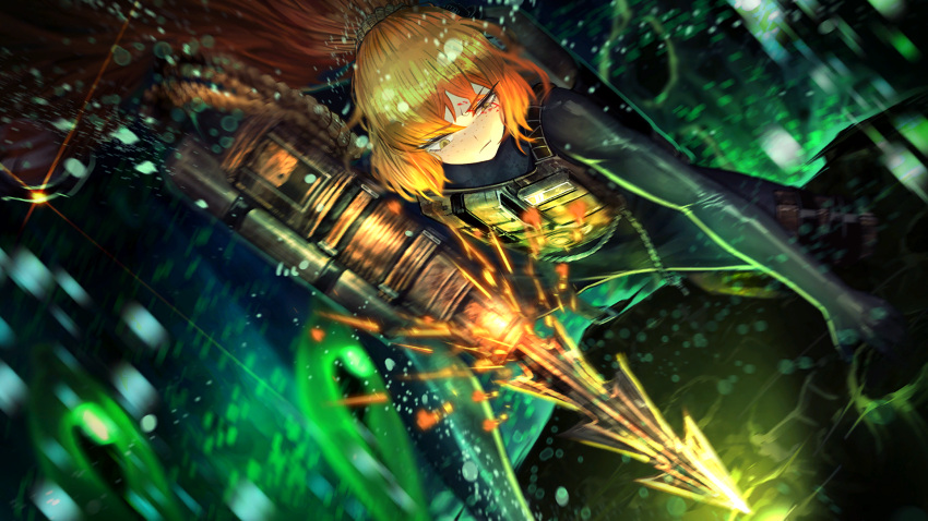 1girl black_wetsuit bodysuit closed_mouth diving_suit freckles game_cg harpoon highres holding holding_breath holding_weapon ishmael_(project_moon) limbus_company load_bearing_vest long_hair nai_ga official_art orange_hair ponytail project_moon solo underwater very_long_hair weapon wetsuit yellow_eyes