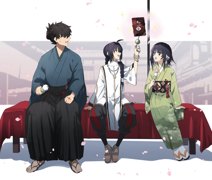 1boy 1girl 1other absurdres ahoge amulet androgynous black_hair black_hakama blue_kimono book bracelet braid braided_hair_rings braided_ponytail command_spell crimson_codex_(fate) dango falling_petals fate/samurai_remnant fate_(series) food geta green_kimono hair_intakes hakama highres japanese_clothes jewelry katana kimono miyamoto_iori_(fate) necklace ninjin_(ne_f_g_o) obi ogasawara_kaya petals print_kimono sandals sanshoku_dango sash sidelocks sitting smile sweat sword topknot wagashi waraji weapon yamato_takeru_(fate)