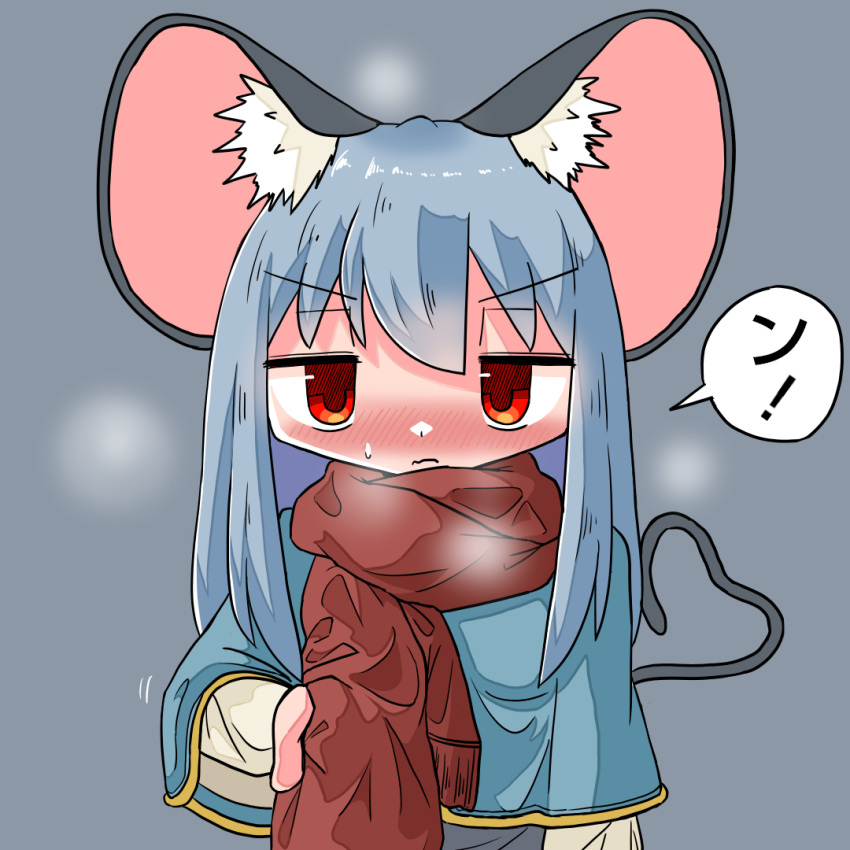 1girl animal_ear_fluff animal_ears blue_capelet blush capelet closed_mouth embarrassed grey_hair kasuya_baian long_hair long_sleeves looking_at_viewer mouse_ears nazrin nose_blush red_eyes red_scarf scarf solo speech_bubble sweatdrop touhou translation_request