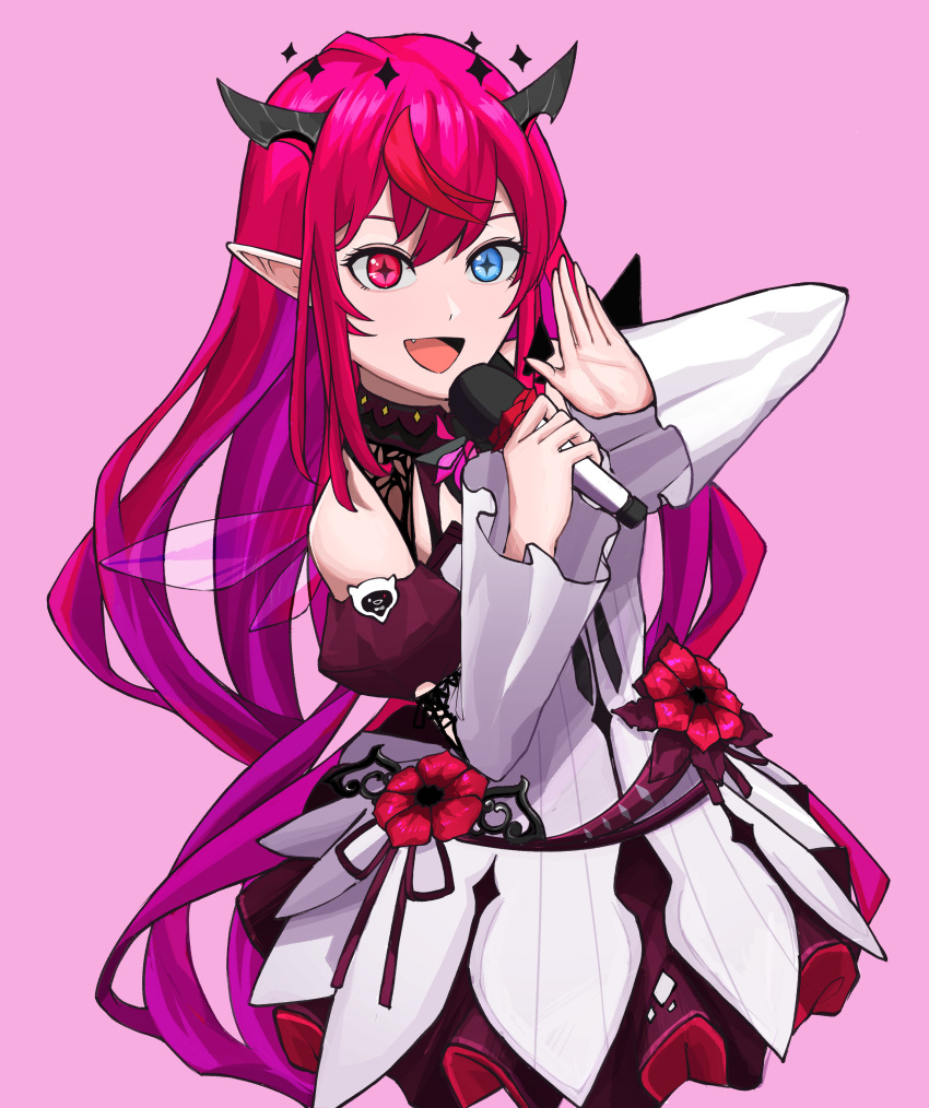 1girl absurdres bare_shoulders black_horns blue_eyes commentary demon_girl demon_horns detached_sleeves dress dress_flower fang flower gradient_hair halo hands_up heterochromia highres holding holding_microphone hololive hololive_english horns ice_(10222) irys_(hololive) irys_(irys_2.0)_(hololive) long_hair looking_at_viewer microphone multicolored_hair open_mouth pink_background pink_eyes pink_hair red_flower red_hair simple_background skin_fang smile solo streaked_hair symbol-only_commentary symbol-shaped_pupils upper_body virtual_youtuber white_dress wings