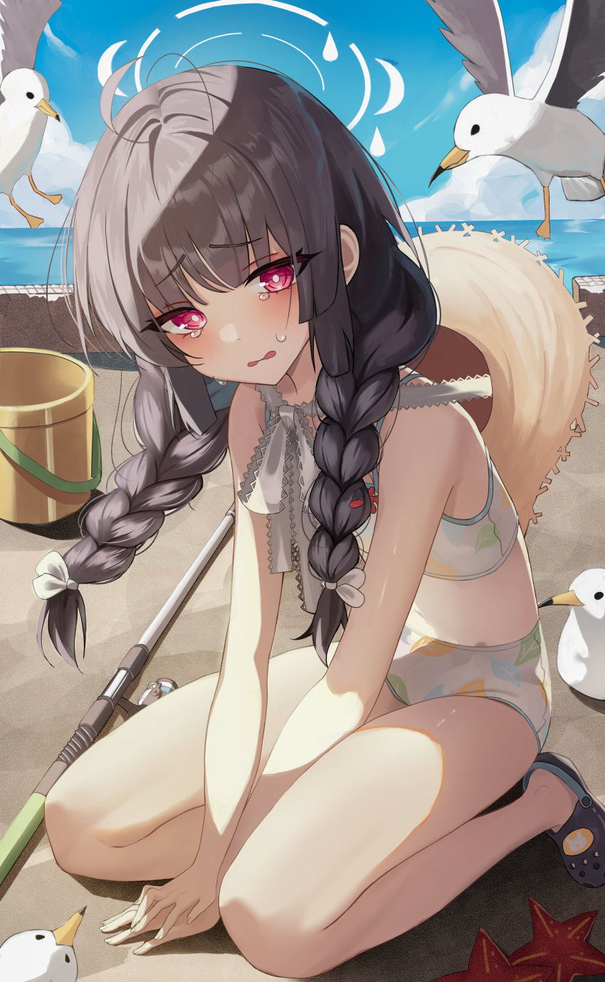 1girl absurdres ahoge bikini bird black_hair blue_archive blush braid bucket cloud crocs crying crying_with_eyes_open fishing_rod flat_chest g_gonor halo hat hat_on_back highres leaf_print long_hair looking_at_viewer miyu_(blue_archive) miyu_(swimsuit)_(blue_archive) ocean official_alternate_costume on_floor open_mouth print_bikini red_eyes seagull solo solo_focus starfish straw_hat swimsuit tears twin_braids white_bikini white_halo