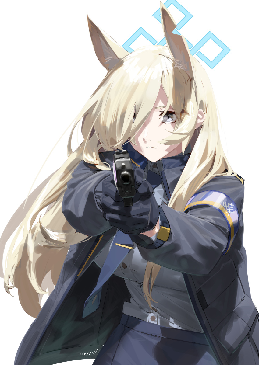 1girl absurdres animal_ear_fluff animal_ears asimo_(hakurei10201) black_gloves blonde_hair blue_archive blue_necktie blue_shirt blue_skirt breasts commentary_request dress_shirt extra_ears fox_ears gloves grey_eyes gun hair_over_one_eye halo handgun highres holding holding_gun holding_weapon jacket kanna_(blue_archive) large_breasts long_hair long_sleeves looking_at_viewer necktie open_clothes open_jacket parted_lips pointing pointing_at_viewer shirt simple_background skirt solo torn_clothes very_long_hair weapon white_background