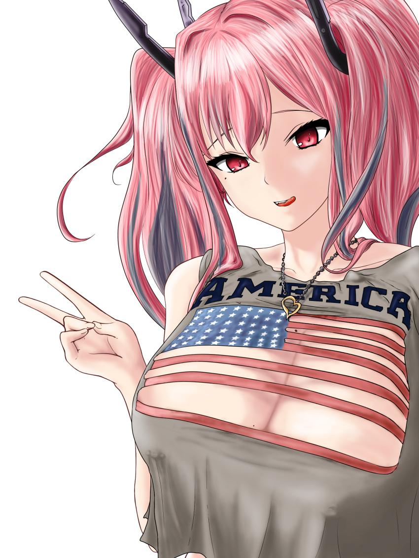 1girl absurdres alternate_costume american_flag azur_lane bangs bare_shoulders breasts bremerton_(azur_lane) casual cleavage cleavage_cutout covered_nipples crop_top grey_shirt hair_between_eyes headgear heart heart_necklace highres kilroylw looking_at_viewer mole mole_on_breast mole_under_eye multicolored_hair nipple_piercing open_mouth piercing pink_hair red_eyes shirt streaked_hair tongue tongue_out twintails upper_body v