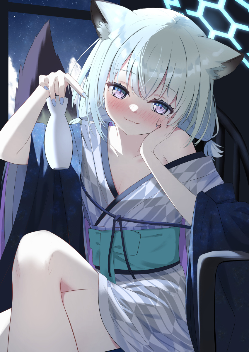 1girl absurdres animal_ears bare_legs bath_yukata blue_archive blush bottle breasts cleavage collarbone commentary cpk_prd crossed_legs feet_out_of_frame fingernails green_hair halo hanten_(clothes) highres holding holding_bottle japanese_clothes kimono light_smile looking_at_viewer nail_polish obi official_alternate_costume patterned_clothing purple_eyes sash shigure_(blue_archive) shigure_(hot_spring)_(blue_archive) short_twintails single_bare_shoulder sitting solo star_(sky) tail tokkuri twintails weasel_ears weasel_tail yukata