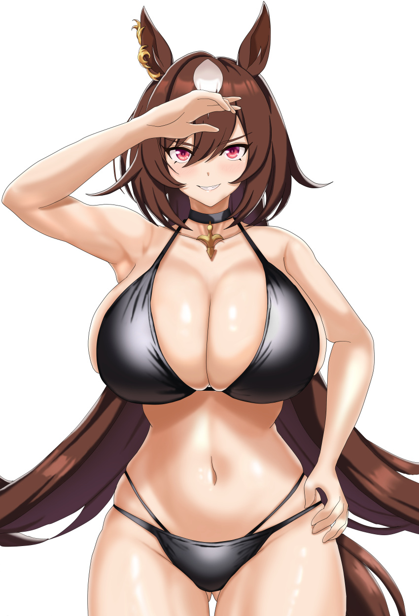 1girl absurdres alternate_costume animal_ears arm_up armpits beach bikini black_bikini black_choker breasts brown_hair choker cleavage commentary_request cowboy_shot ear_ornament hand_on_own_hip highres horse_ears horse_girl horse_tail jewelry large_breasts looking_at_viewer multicolored_hair navel necklace ocean outdoors red_eyes simple_background sirius_symboli_(umamusume) solo streaked_hair swimsuit tail tessa_1178 umamusume water white_background white_hair