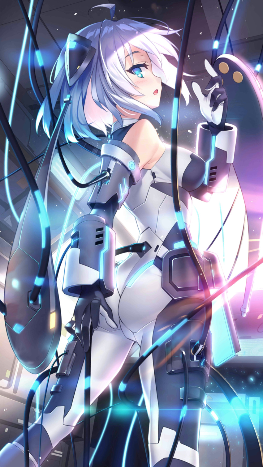 1girl :o ahoge aniya_jung_(girl_cafe_gun) ass bare_shoulders black_gloves blue_eyes bodysuit breasts cable cowboy_shot elbow_gloves electric_plug from_side girl_cafe_gun gloves hand_up headgear highres impossible_bodysuit impossible_clothes indoors looking_at_viewer looking_to_the_side medium_breasts neon_trim official_art profile science_fiction short_hair sleeveless sleeveless_bodysuit solo white_bodysuit white_hair