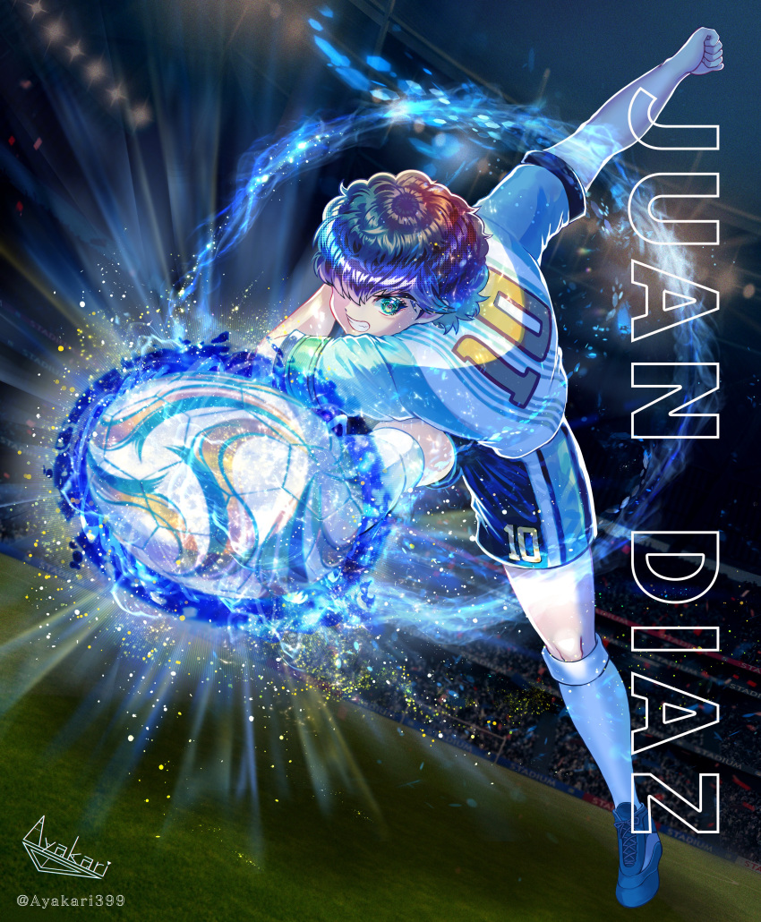 1boy absurdres artist_name ayakari399 ball black_shorts captain_tsubasa character_name highres juan_diaz short_hair shorts soccer soccer_ball soccer_uniform socks solo sportswear twitter_username white_socks