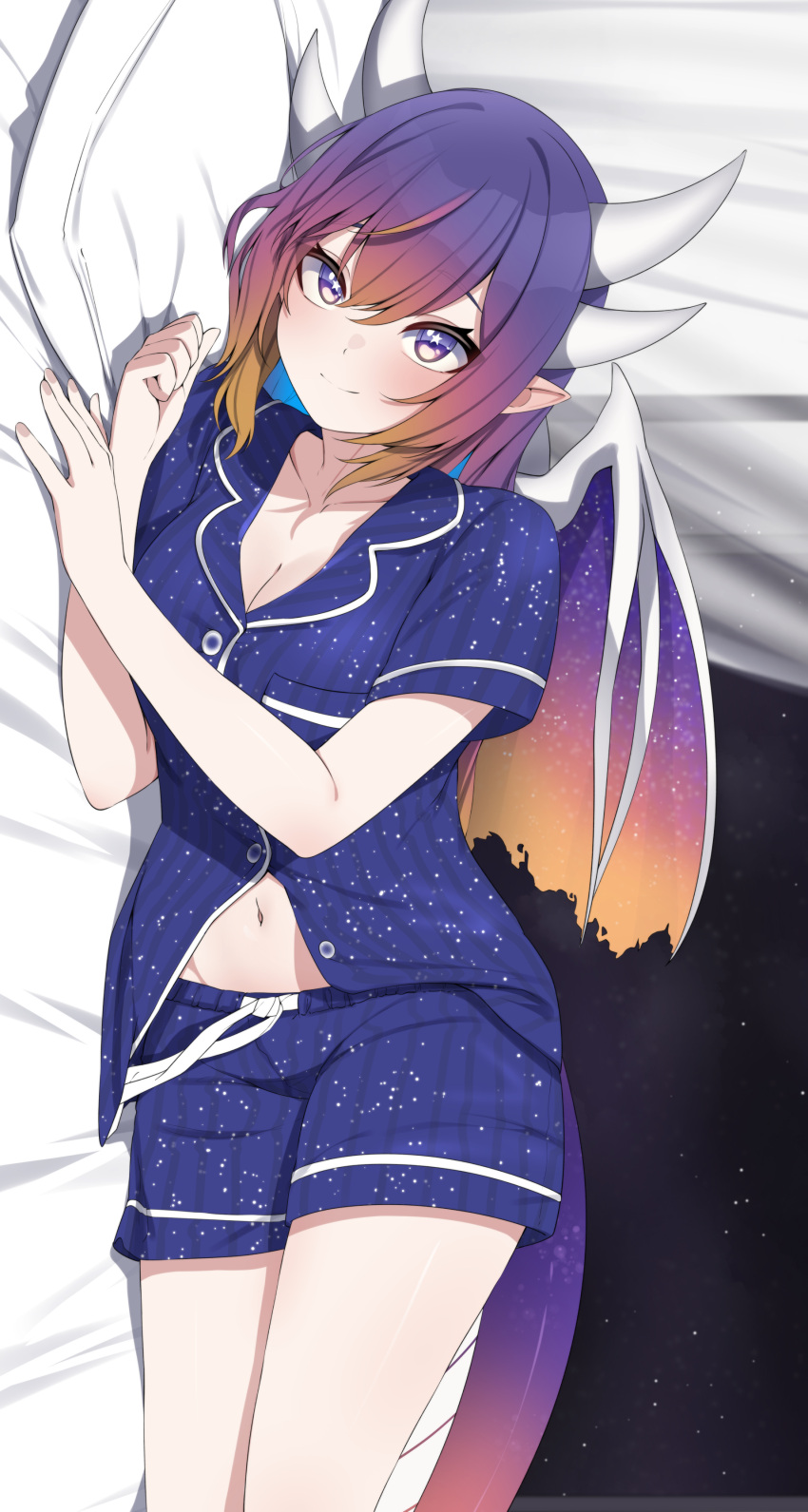 1girl absurdres akariteru_(vtuber) blue_pajamas breast_pocket breasts cleavage clenched_hand closed_mouth collarbone commission dakimakura_(medium) dragon_girl dragon_horns dragon_tail dragon_wings gradient_hair highres horns indie_virtual_youtuber long_hair lying multicolored_hair navel on_side orange_hair pajamas partially_unbuttoned pillow pink_hair pocket pointy_ears purple_eyes purple_hair solo star-shaped_pupils star_(symbol) striped_clothes striped_pajamas symbol-shaped_pupils tail valefal_coneri vgen_commission virtual_youtuber wings