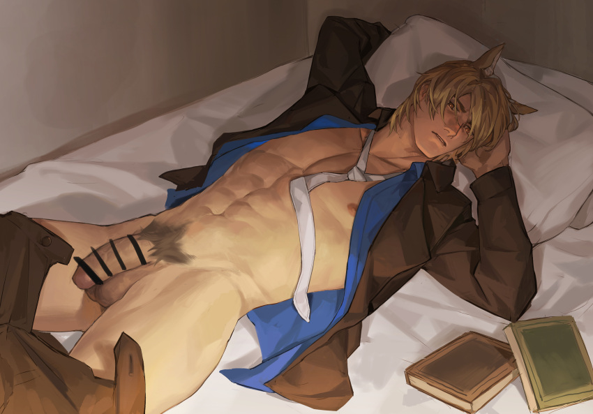 1boy abs aixiwuganda_(20222192) animal_ears arknights bar_censor black_pants black_suit blonde_hair blue_shirt book censored flaccid head_on_hand highres horse_boy horse_ears looking_at_viewer male_focus mlynar_(arknights) muscular muscular_male necktie no_male_underwear on_bed pants pectorals penis pillow pubic_hair shirt suit testicles undone_necktie white_necktie