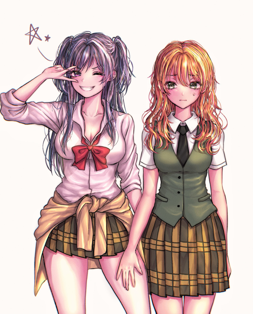 2girls aihara_academy_school_uniform aihara_mei aihara_yuzu alternate_hairstyle azulasi black_hair blonde_hair breasts citrus_(saburouta) cleavage clothes_around_waist collarbone cowboy_shot green_eyes grin hand_on_another's_thigh highres inseki large_breasts long_hair looking_at_viewer multiple_girls necktie pentagram personality_switch purple_eyes school_uniform siblings simple_background sisters skirt smile sweatdrop thighs twintails v_over_eye white_background yuri