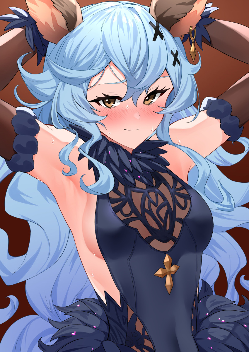 1girl absurdres animal_ears armpits arms_up backless_dress backless_outfit black_dress black_gloves blue_eyes blush breasts brown_background covered_nipples dress elbow_gloves erune ferry_(granblue_fantasy) gloves gradient_background granblue_fantasy hair_ornament highres long_hair medium_breasts nose_blush open_mouth saru_(pixiv13751598) sleeveless sleeveless_dress solo sweat tongue upper_body x_hair_ornament yellow_eyes