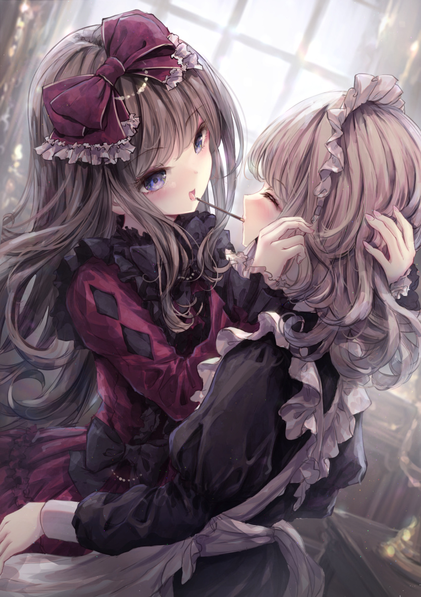 2girls \||/ apron arms_around_neck black_bow black_dress blue_eyes blunt_bangs blurry blurry_background blush bow brown_hair closed_eyes commentary cowboy_shot dress dutch_angle eyelashes food food_in_mouth frilled_apron frilled_bow frilled_sleeves frills from_side gothic_lolita hair_bow highres indoors juliet_sleeves light_brown_hair lolita_fashion long_hair long_sleeves looking_at_another maid maid_apron maid_headdress medium_hair missile228 multiple_girls open_mouth original playing_with_another's_hair pocky pocky_in_mouth pocky_kiss profile puffy_sleeves red_bow red_dress saliva sidelocks tongue tongue_out wavy_hair white_apron wide_sleeves window yuri