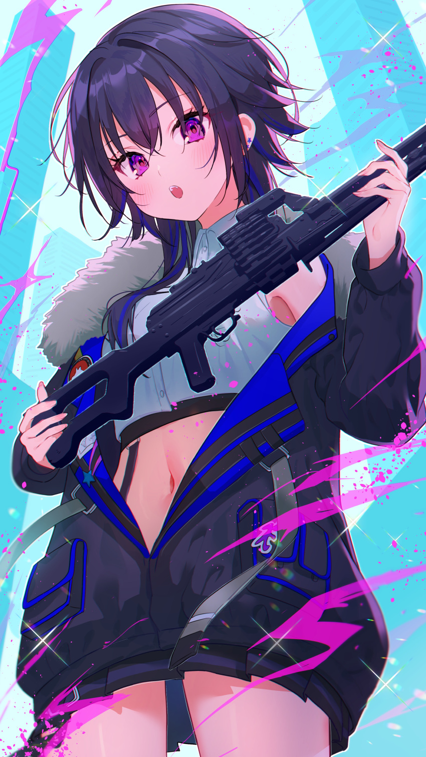 1girl absurdres bare_shoulders black_jacket blue_hair blush commentary_request cropped_shirt gun highres holding holding_gun holding_weapon ichinose_uruha ichinose_uruha_(4th_costume) jacket long_sleeves looking_at_viewer lupinus_virtual_games medium_hair midriff multicolored_hair navel open_mouth partially_unzipped purple_eyes rei_toba shirt sleeveless solo stomach streaked_hair teeth upper_teeth_only virtual_youtuber vspo! weapon white_shirt