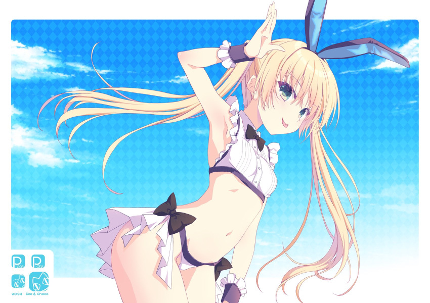 1girl 2024 :p animal_ears arm_at_side arm_up armpits black_bow black_bowtie black_wrist_cuffs blonde_hair blue_sky border bow bowtie breasts closed_mouth commentary cowboy_shot dated fake_animal_ears floating_hair frilled_cuffs green_eyes hair_between_eyes highres kokonobi leaning_forward long_hair looking_at_viewer navel original rabbit_ears simple_background sky small_breasts smile solo stomach sylph_(kokonobi) tongue tongue_out twintails very_long_hair white_border wrist_cuffs