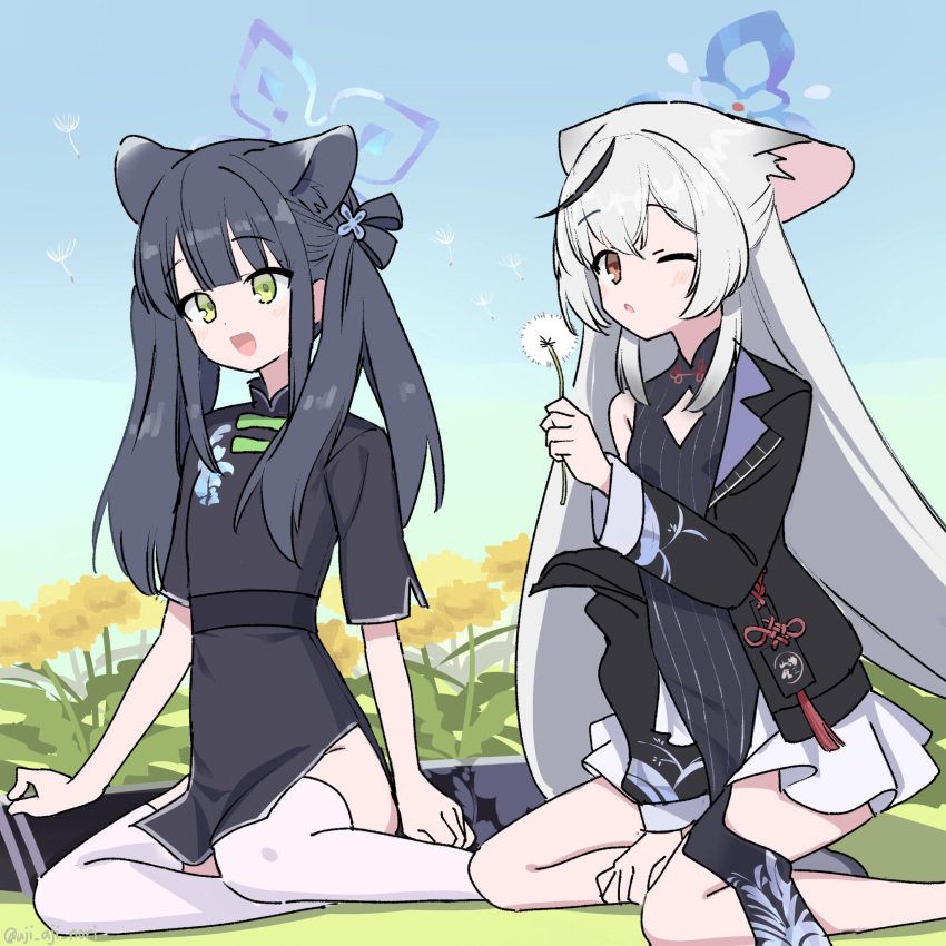 2girls aji_aji_nori animal_ears ass black_dress black_hair black_jacket blue_archive blue_halo blush breasts brown_eyes dress extra_ears green_eyes grey_hair groin halo highres jacket kokona_(blue_archive) long_hair long_sleeves multiple_girls one_eye_closed open_clothes open_jacket open_mouth short_sleeves shun_(blue_archive) shun_(small)_(blue_archive) small_breasts smile striped_clothes striped_dress thighhighs tiger_ears twitter_username two_side_up vertical-striped_clothes vertical-striped_dress white_thighhighs