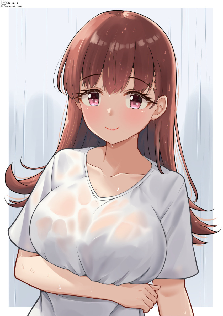 1girl blush brown_eyes brown_hair curtains dated highres indoors kantai_collection long_hair looking_at_viewer ooi_(kancolle) shiromaru_(maniado) shirt short_sleeves smile twitter_username upper_body wet wet_clothes wet_shirt