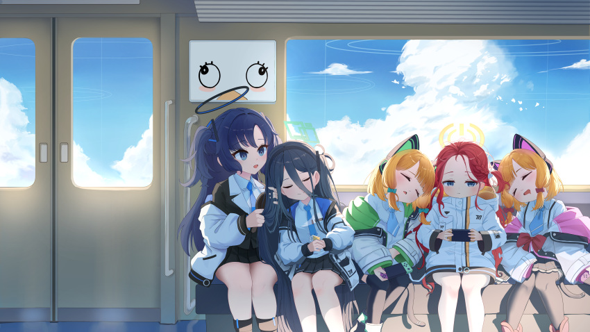 &lt;key&gt;_(robot)_(blue_archive) 5girls absurdly_long_hair absurdres animal_ear_headphones animal_ears aris_(blue_archive) black_halo black_jacket black_skirt black_thighhighs blonde_hair blue_archive blue_bow blue_eyes blue_necktie blue_sky blush bow braid cat_ear_headphones cat_ears cat_tail closed_eyes closed_mouth cloud collared_shirt commentary daraamji2 day fake_animal_ears fake_tail feet_out_of_frame french_braid game_development_department_(blue_archive) green_halo hair_between_eyes hair_bow halo handheld_game_console headphones highres holding holding_handheld_game_console jacket long_hair long_sleeves low-tied_sidelocks mechanical_halo midori_(blue_archive) miniskirt momoi_(blue_archive) multiple_girls necktie nintendo_switch one_side_up open_mouth peroro_(blue_archive) pleated_skirt puffy_long_sleeves puffy_sleeves purple_hair red_bow red_hair shirt short_hair short_necktie sitting skirt sky sleeping smile square_halo suit_jacket suspender_skirt suspenders tail thighhighs train_interior two_side_up very_long_hair white_bow white_jacket white_shirt wide_sleeves yellow_halo yuuka_(blue_archive) yuzu_(blue_archive)