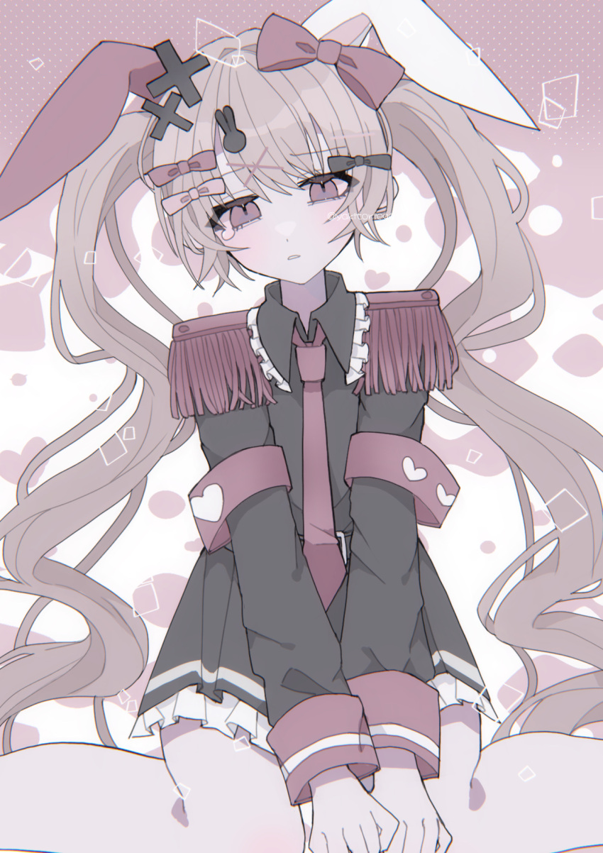 1girl animal_ears armband belt blush bow brown_hair collared_shirt epaulettes frilled_shirt_collar frilled_skirt frills hair_bow hair_ornament half-closed_eyes heart highres kneeling long_hair long_sleeves military_uniform necktie original parted_lips purple_eyes rabbit_ears rabbit_hair_ornament shirt skirt slit_pupils solo tears twintails uniform very_long_hair x_hair_ornament yakitori_egg