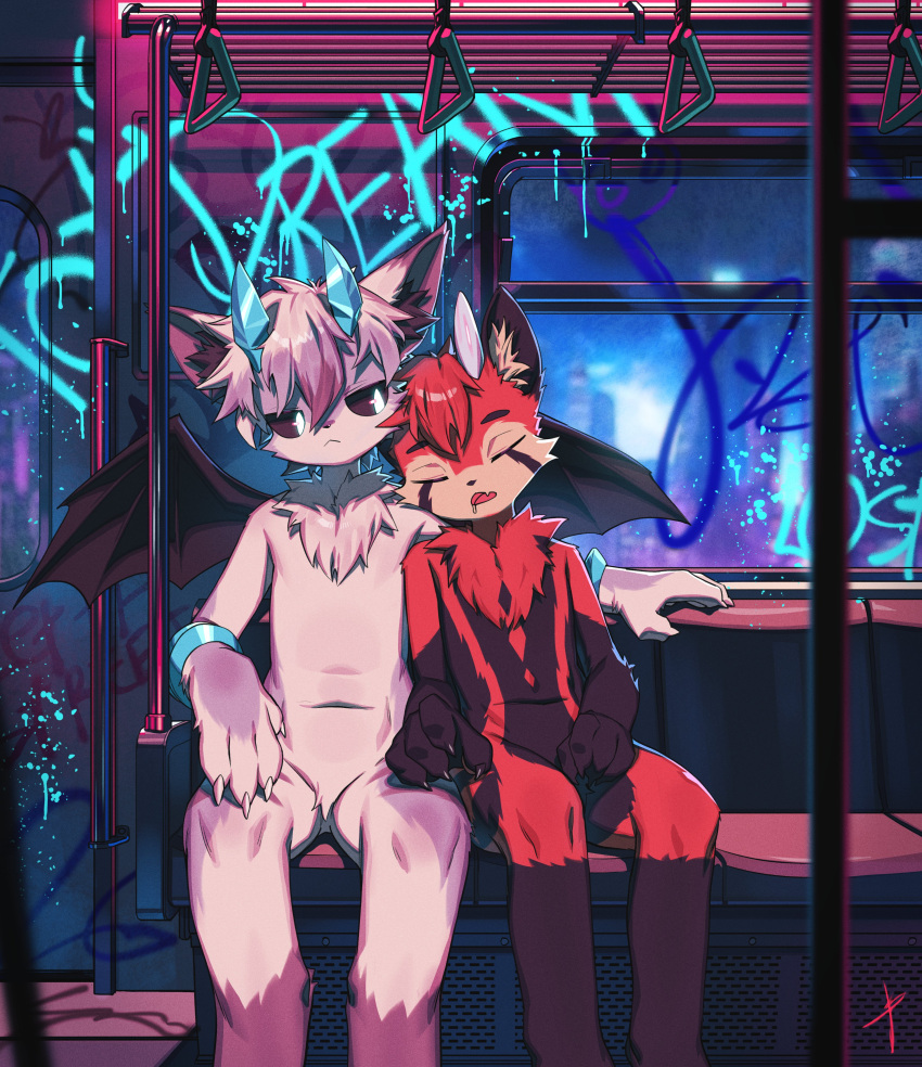 2023 absurd_res ailurid anthro bat blaedic bodily_fluids bracelet_only canid canine detailed_background duo eyes_closed featureless_crotch fox graffiti hi_res horn hybrid male male/male mammal open_mouth red_panda saliva signature sleeping sleeping_on_partner subway wings