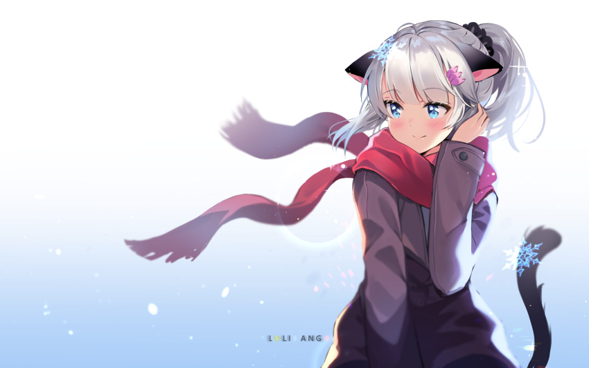 1girl ahoge animal_ears artist_name bangs black_scrunchie blue_background blue_eyes blush cat_ears cat_girl cat_tail commentary_request dan_gan eyebrows_visible_through_hair flower grey_hair grey_jacket hair_flower hair_ornament hair_scrunchie highres jacket original ponytail red_scarf scarf scrunchie silver_hair simple_background smile snowflake_hair_ornament solo tail upper_body white_background